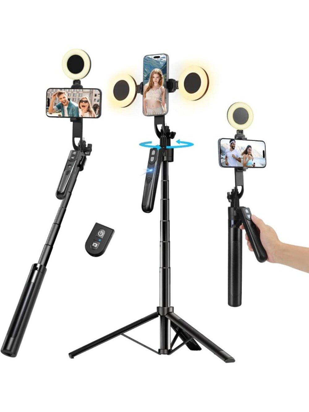 70.9” Auto Face Tracking Tripod for iPhone & 2 LED Lights - Perfect for